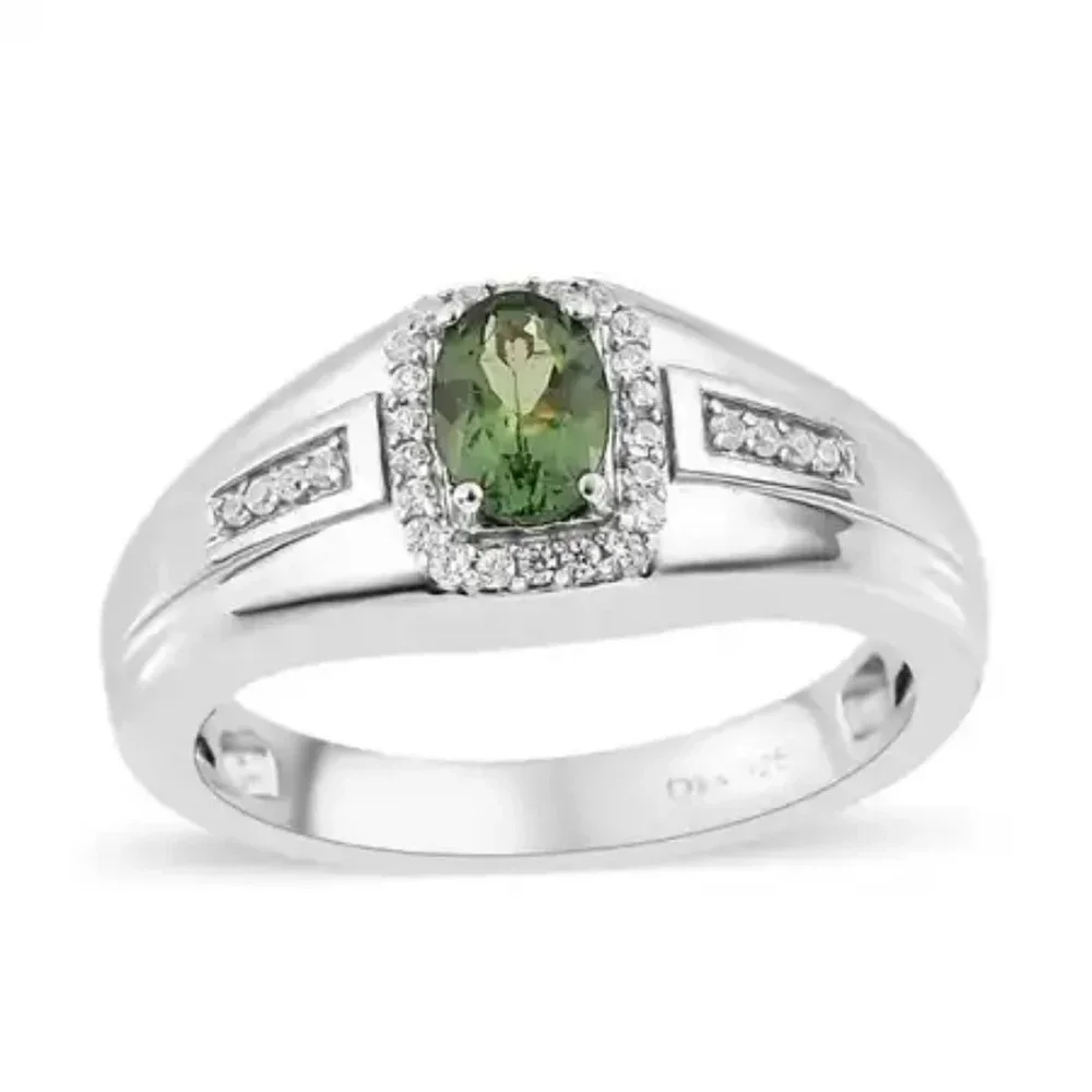 Green Apatite With Natural White Zircon accent Men's Ring.